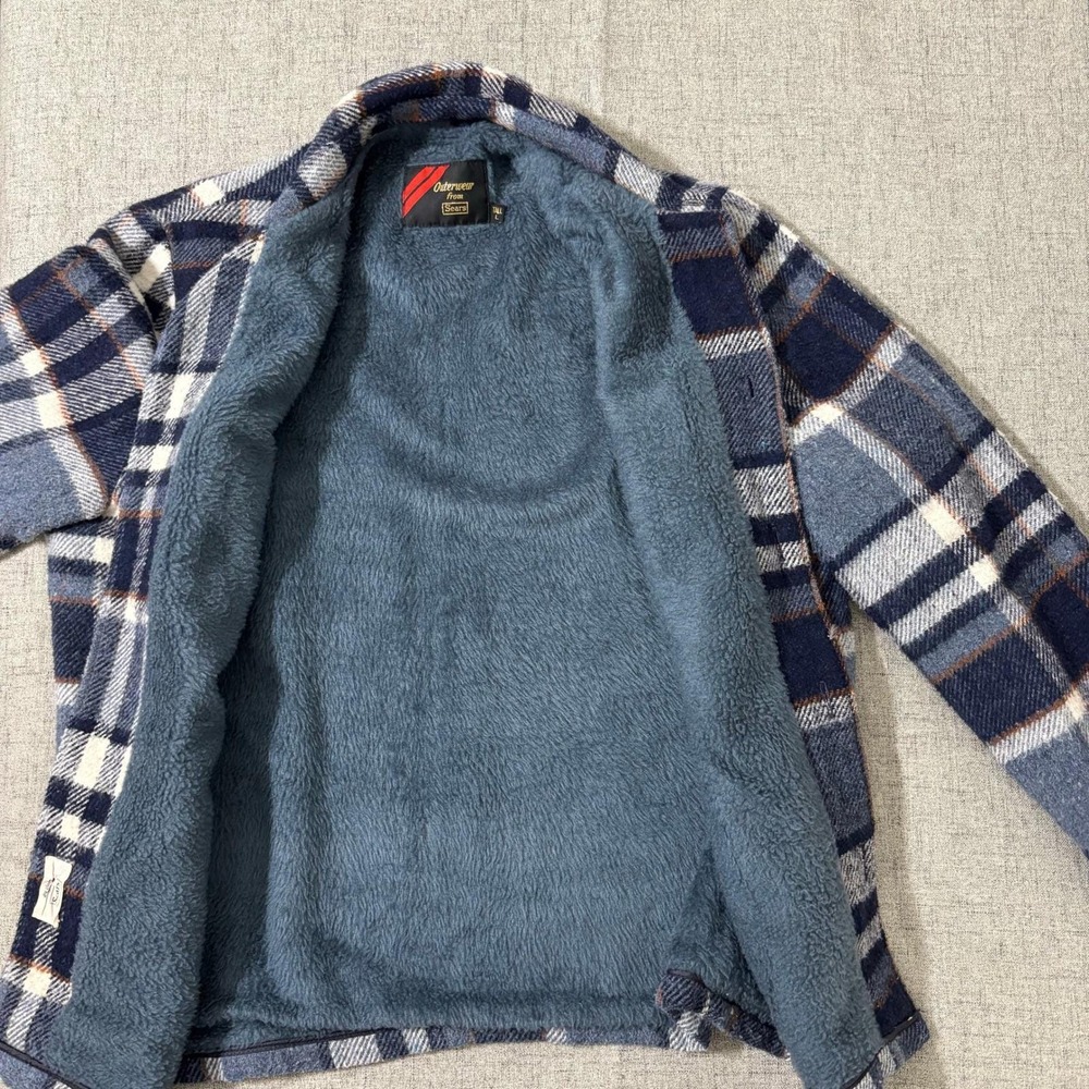 Vintage 70s Sears Shacket Men Large Plaid Flannel Lined Sherpa Faux Fur - Picture 6 of 8
